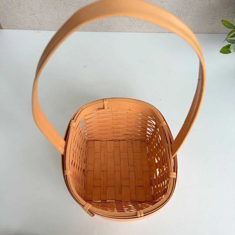 Vintage Hand Painted Woven Wood Floral Basket Peach Orange Cottagecore Decor